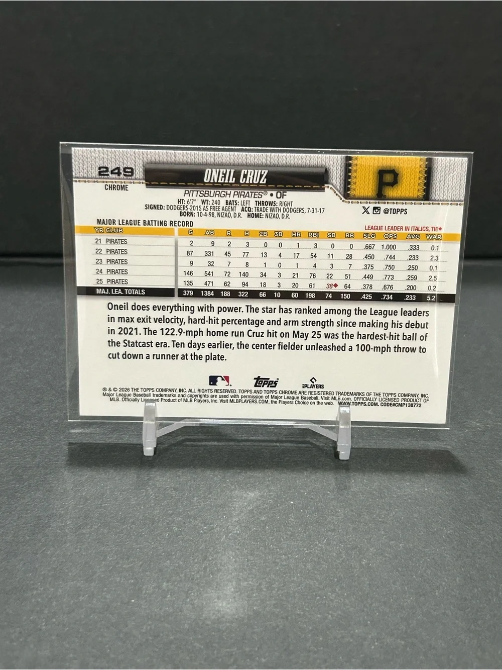 2026 Topps Chrome Oneil Cruz Light Board Logo Variation SSP #249 Pirates
